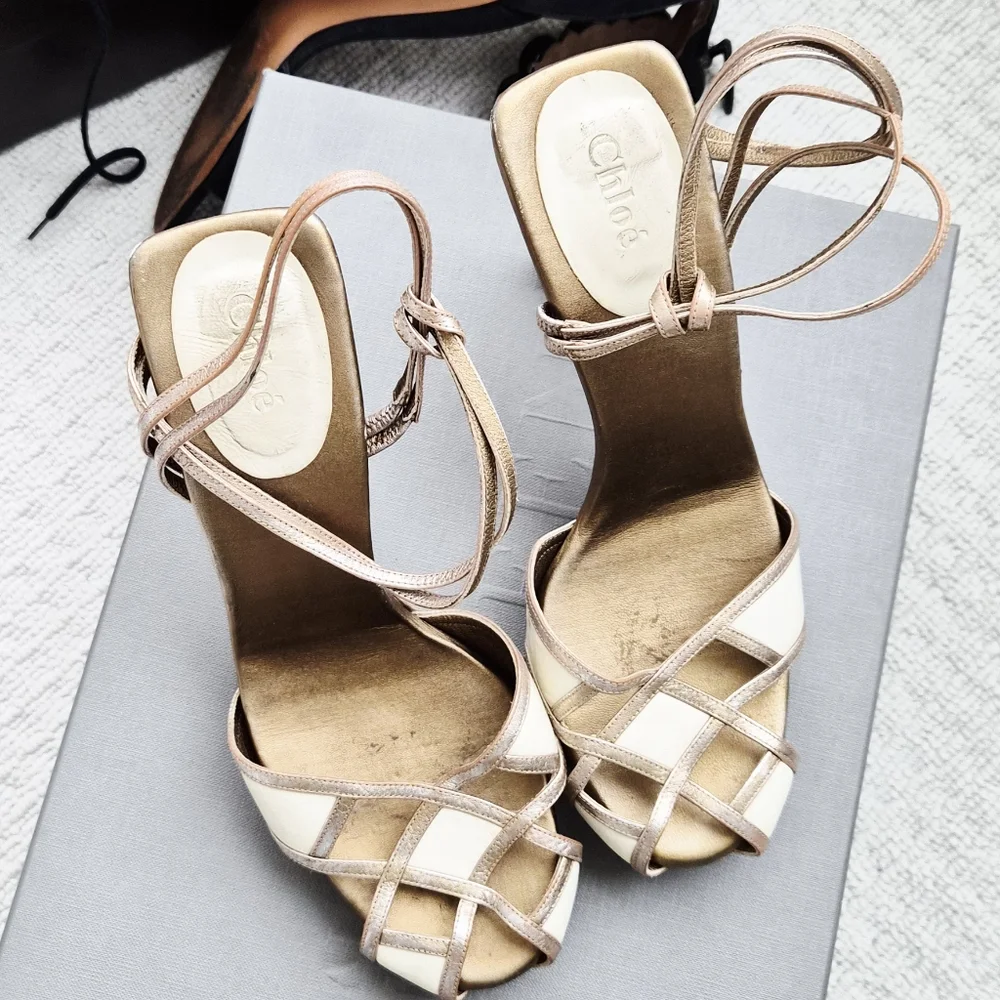 Chloe Metallic Strappy Heels - Cream and Tan - Picture 7 of 7